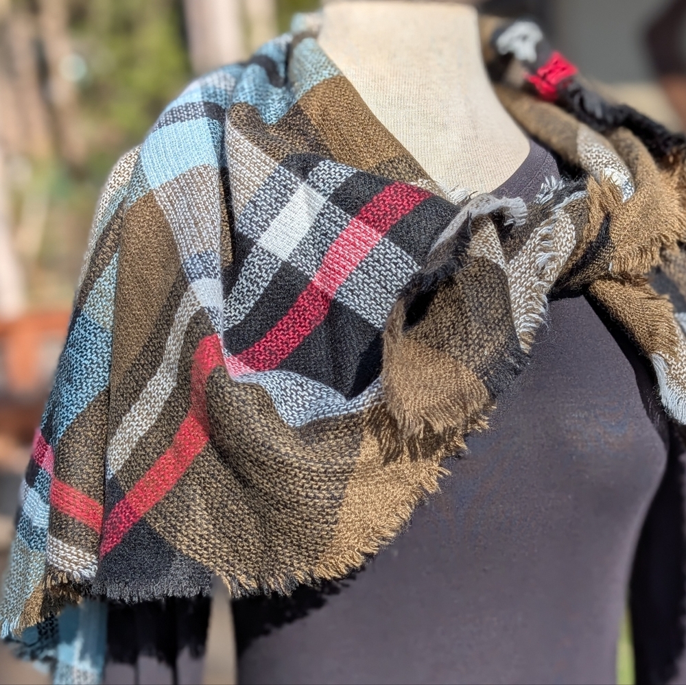 Brown Lightweight Knit Plaid Shawl Wrap Scarf